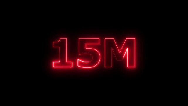 Glowing Neon Red 15M Text Animation. Social Media Views, Followers and Subscribers Celebration on Black Background.