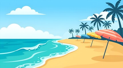 Obraz premium Sunny tropical beach illustration with colorful umbrellas, calm ocean waves, and green palm trees under a clear blue sky, perfect for summer travel, vacation, and relaxation themes