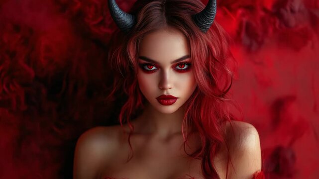 Seductive devil woman with red hair and horns staring intensely