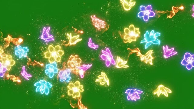 Animated Floral Sparkles on Green Screen - Animated sparkling floral designs in multiple colors float on a bright green background.