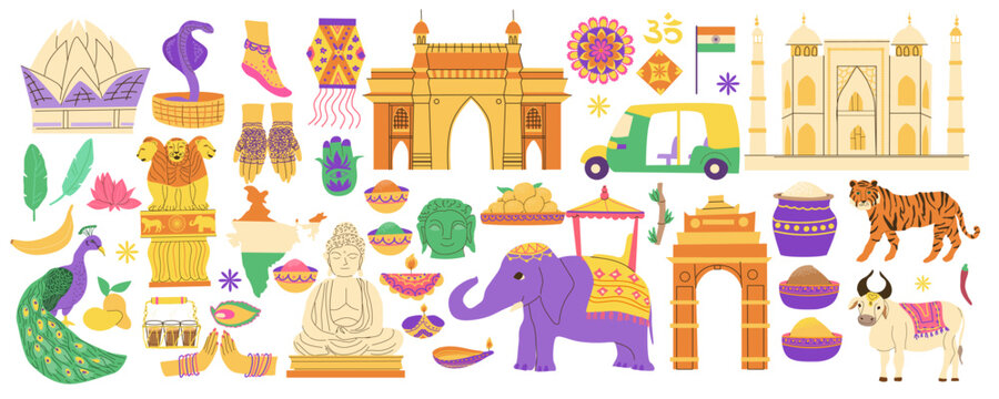Big set of indian culture and travel elements. Landmarks and animals, traditional festival icons and symbols of India. Cartoon flat vector illustration isolated on white. Asian clip art set.