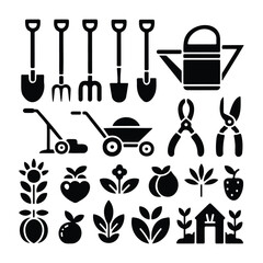 Gardening Icon Set of Agriculture Farming Tools and Plant Silhouettes