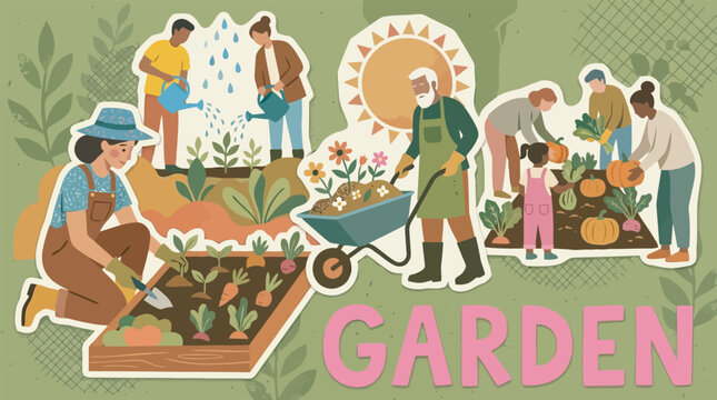 Community Garden Flourish: Illustrative of community members tending to a shared garden, depicting collaborative efforts in nurturing growth and fostering connections through planting, watering.