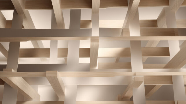 Intertwined wooden beams in soft light, abstract architectural lattice, minimalist interior geometry and natural tones