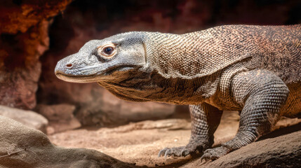 Fototapeta premium Komodo dragon in its rocky habitat, a detailed close-up of the powerful reptile in warm natural light