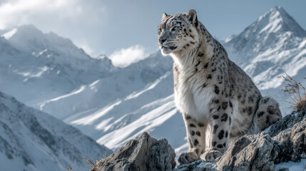 Fototapeta premium Snow leopard on a rocky ridge with alpine peaks in the background, majestic mountain fauna in a winter landscape