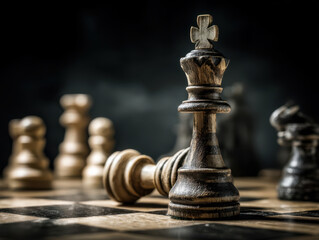 The final checkmate in the form of a fallen king, a dramatic chess strategy and a symbol of victory