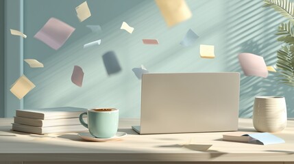 Modern Minimalist Desk with Flying Papers and Laptop