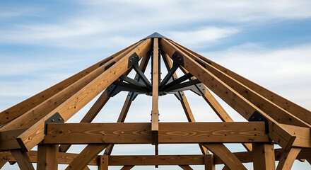 Low-angle view of a wooden roof frame with beams and metal brackets under a blue sky, captured from a low angle highlighting structural detail
