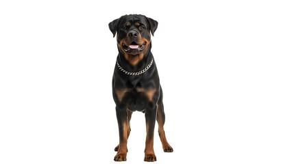 Obraz premium Powerful and Loyal Rottweiler Dog Full-Body Portrait, Standing Erect and Alert, Wearing a Silver Chain Collar, Isolated on a Clean White Studio Background for Easy Cutout