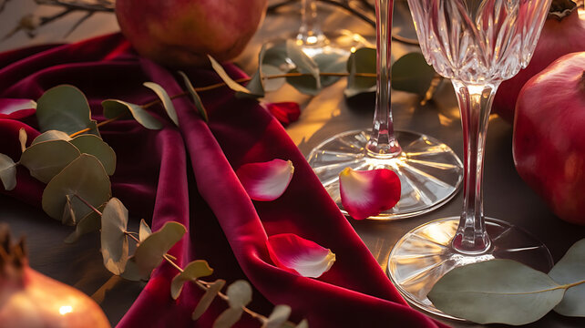 Elegant Table Setting: A romantic table setting comes to life with a plush, red velvet cloth, adorned with fresh rose petals, sparkling crystal glassware, and ripe pomegranates, all bathed in soft.