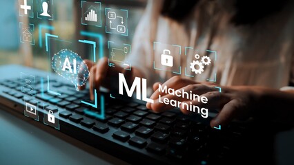 Hands Typing on Keyboard with Machine Learning AI and Data Visualization Elements in Digital...