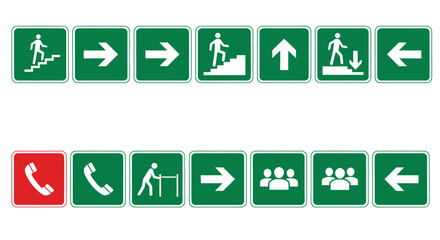 A collection of green and red emergency exit and safety instruction signage depicting various directions and actions
