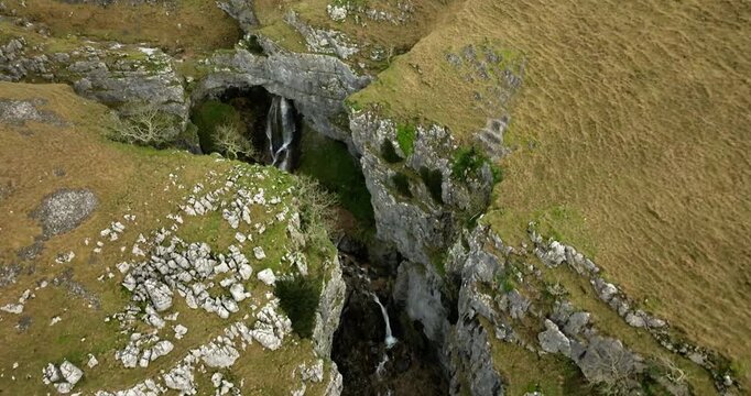 Aerial shot of Gordale waterfalls