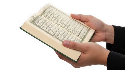 Fototapeta premium Hands holding open quran page isolated on transparent background