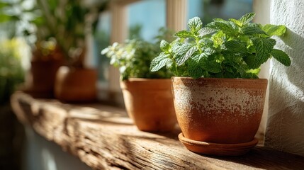 Mindful living daily habits terracotta pots with mint and basil on window ledge in cozy home environment