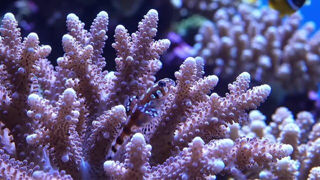 A vibrant Mandarin Dragonet fish finds refuge amongst a colorful coral reef in an aquarium showcasing the beauty and diversity of marine life