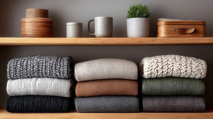 Mindful living daily habits for minimalist closet organization with neatly folded color-coded sweaters at home