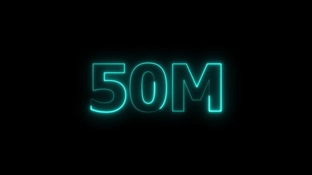 Glowing Neon Blue 50M Text Animation. Social Media Views, Followers and Subscribers Celebration on Black Background.