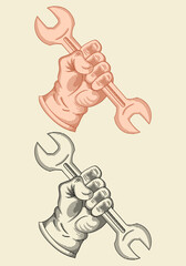 Vintage Engraving Illustration of Gloved Hand Holding Wrench,ideal for mechanical engineering, automotive services, or industrial heritage branding.