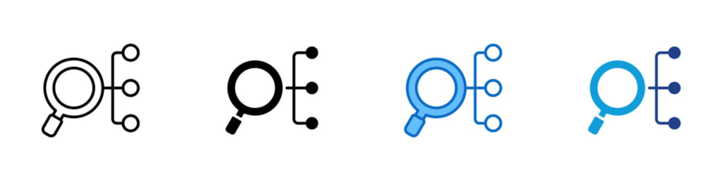 Results Multiple Style Icon Design Vector - Magnifying glass connected to nodes, representing results, outcome analysis, and data interpretation