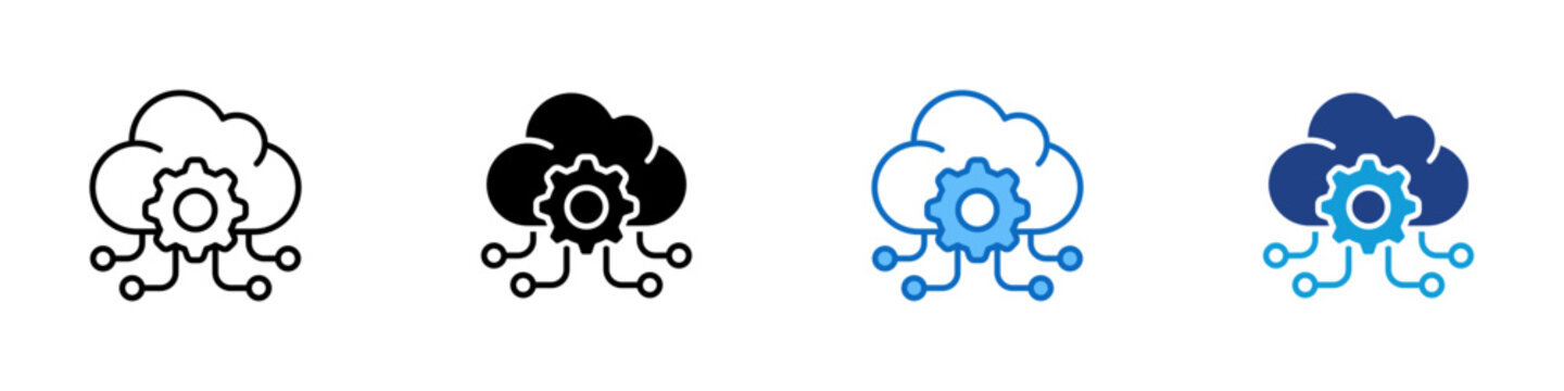 Cloud Management Multiple Style Icon Design Vector - Cloud with gear and connection nodes, representing cloud management, infrastructure control, and system orchestration
