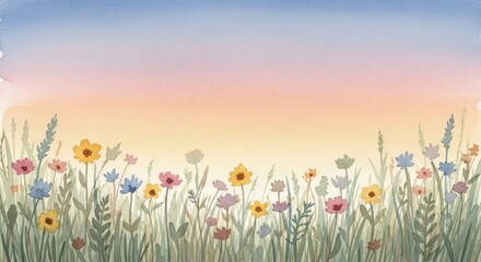 Watercolor Wildflowers at Sunset - Gentle Pastel Landscape