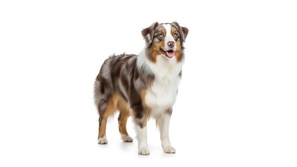 Majestic Red Merle Australian Shepherd Dog, Full-Body Studio Portrait, Standing Proudly on White Background. Beautiful Aussie Pet with Intelligent and Energetic Expression.