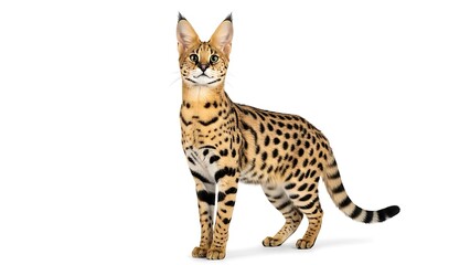Obraz premium Captivating Serval Cat Full Body Portrait: Isolated African Wild Feline with Striking Spotted Coat, Prominent Ears, and Alert Expression on White Studio Background.