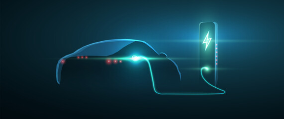 EV. Electric car connect to charging station. Eco power, EV charger, green vehicle, alternative energy, rechargeable battery, auto industry, future technology, hybrid concept   © NeonGridStudio
