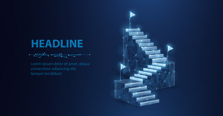 Digital ladder with three flags. Digital success, succeed path, accomplish mission, digital transformation, career ladder growth, technology solutions, business development, future vision concept.   © NeonGridStudio