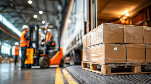 Shipping boxes on a loading dock with workers and forklift at warehouse