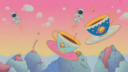 Cosmic Tea Party: A whimsical scene unfolds as astronauts embark on an intergalactic tea party, riding tea cups across a vibrant, colorful, and dreamy landscape.