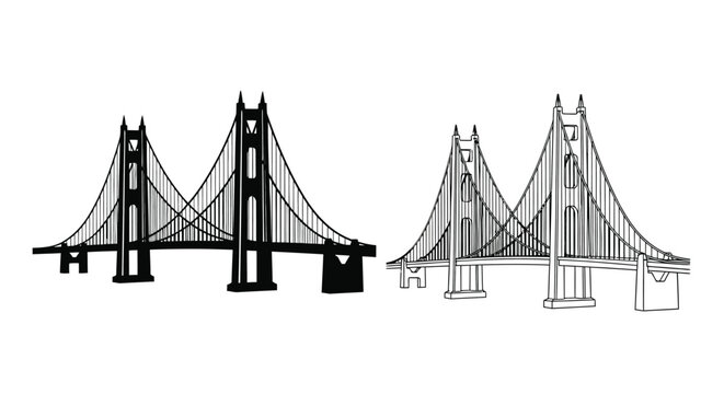 Golden gate bridge illustration black outline and grayscale rendering