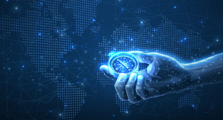 Compass in hand and map. Global business strategy, Vision crisis, Mission path, Global digital transformation, World navigation, Market decision, Achievement strategy, financial stock concept   © NeonGridStudio