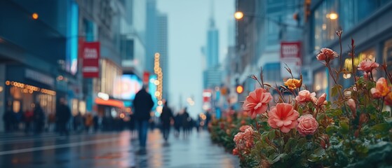 Fototapeta premium Pink Flowers Closeup on Wet Urban Street at Dusk with Bokeh Lights
