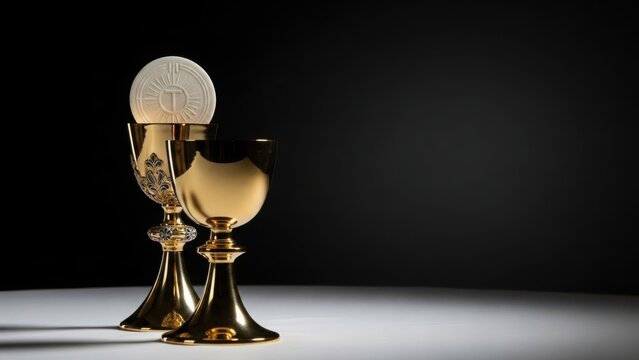 Golden chalice and host for Holy Communion ritual, displayed with another ornate chalice. Sacred elements for Holy Communion symbolize spiritual devotion and sacrifice.