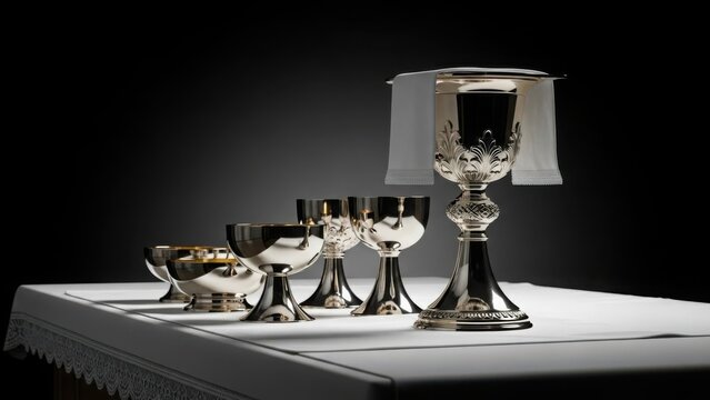 Elegant Communion chalice set on white altar cloth, featuring multiple silver vessels for sacred ritual. Communion chalice represents spiritual tradition and solemn worship during church service.