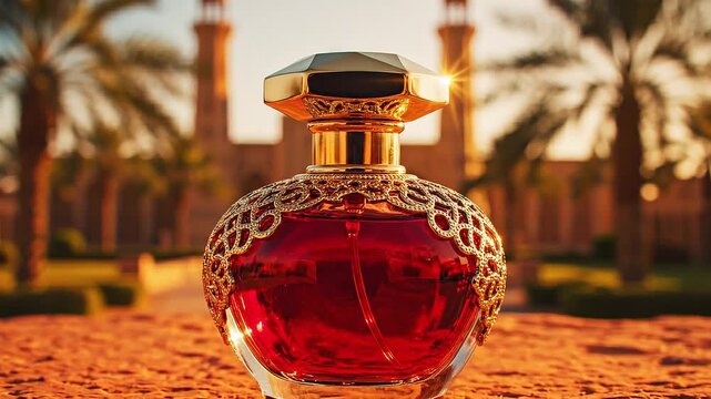 Red Perfume Bottle with Arabian Architecture Background