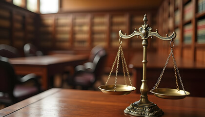 Antique brass scales of justice stand on a wooden desk in a law library courtroom