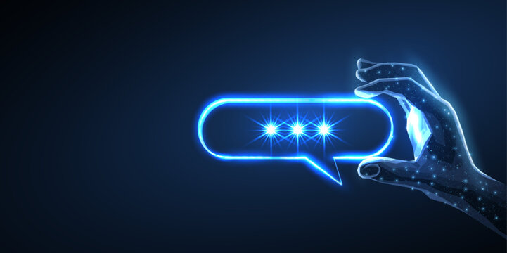 Chat bot assistance. Polygonal bubble speech in digital hand. AI chatbot service, virtual assistant concept. Digital solution, AI reply, robotic help in chat symbol

