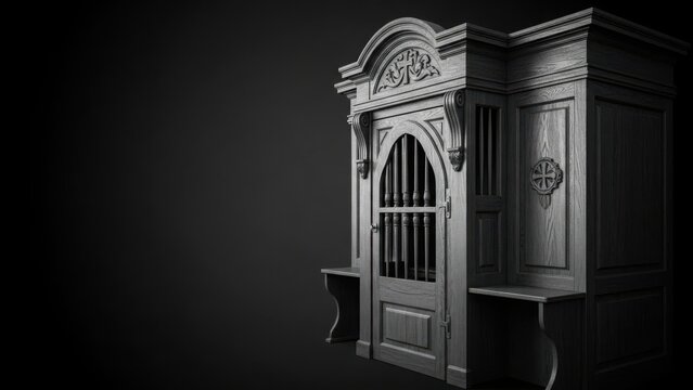 Ornate wooden confessional booth with detailed carvings and grated window on dark background. Classic confessional booth features intricate architectural design, sacred symbolism,