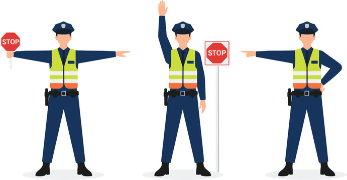 Flat vector illustration of traffic police officers in high visibility vests giving hand signals and holding stop signs for road safety and control.