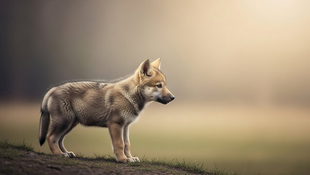 A captivating young wolf pup stands with quiet dignity, observing its serene natural world at dawn