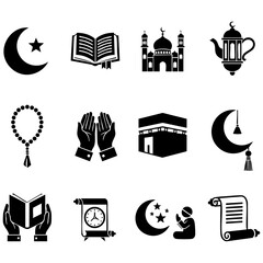 Islamic cultural symbols set: Kaaba, mosque, crescent moon and star, open Quran, prayer beads, praying hands, and a lantern. Vector illustrations.