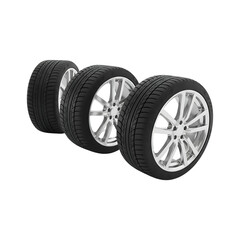 Three shiny car wheels and tires on silver rims, isolated on transparent background, representing automotive parts and vehicle customization services