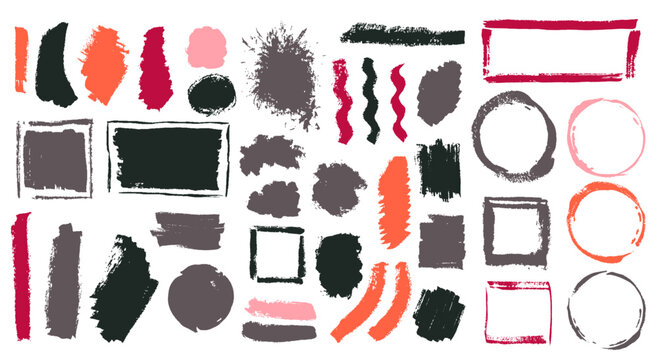 Ink graffiti brushstroke mega group. Freehand border box modern elements. Drip splash textured label stamp batch. Brushstroke gouache stains design.