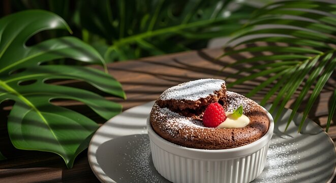 Decadent homemade chocolate souffle in a white ramekin, topped with powdered sugar and fresh raspberry, celebrating national chocolate souffle day on a sunny outdoor table.