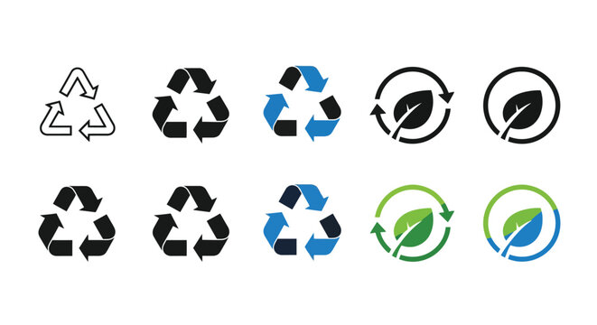Variety of recycling symbols and eco friendly icons in different styles