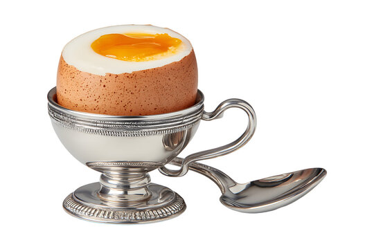 Soft boiled Egg with Runny Yolk in Elegant Silver Egg Cup and Spoon